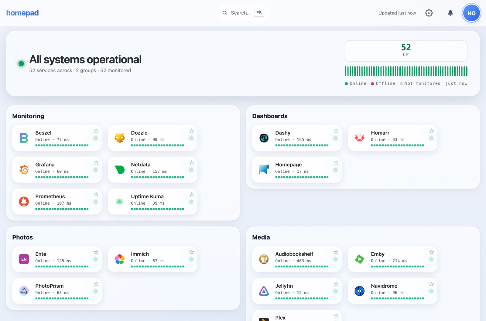 Homepad dashboard in light theme: 52 services grouped into sections, each tile showing Online and its response time, with ⌘K search.