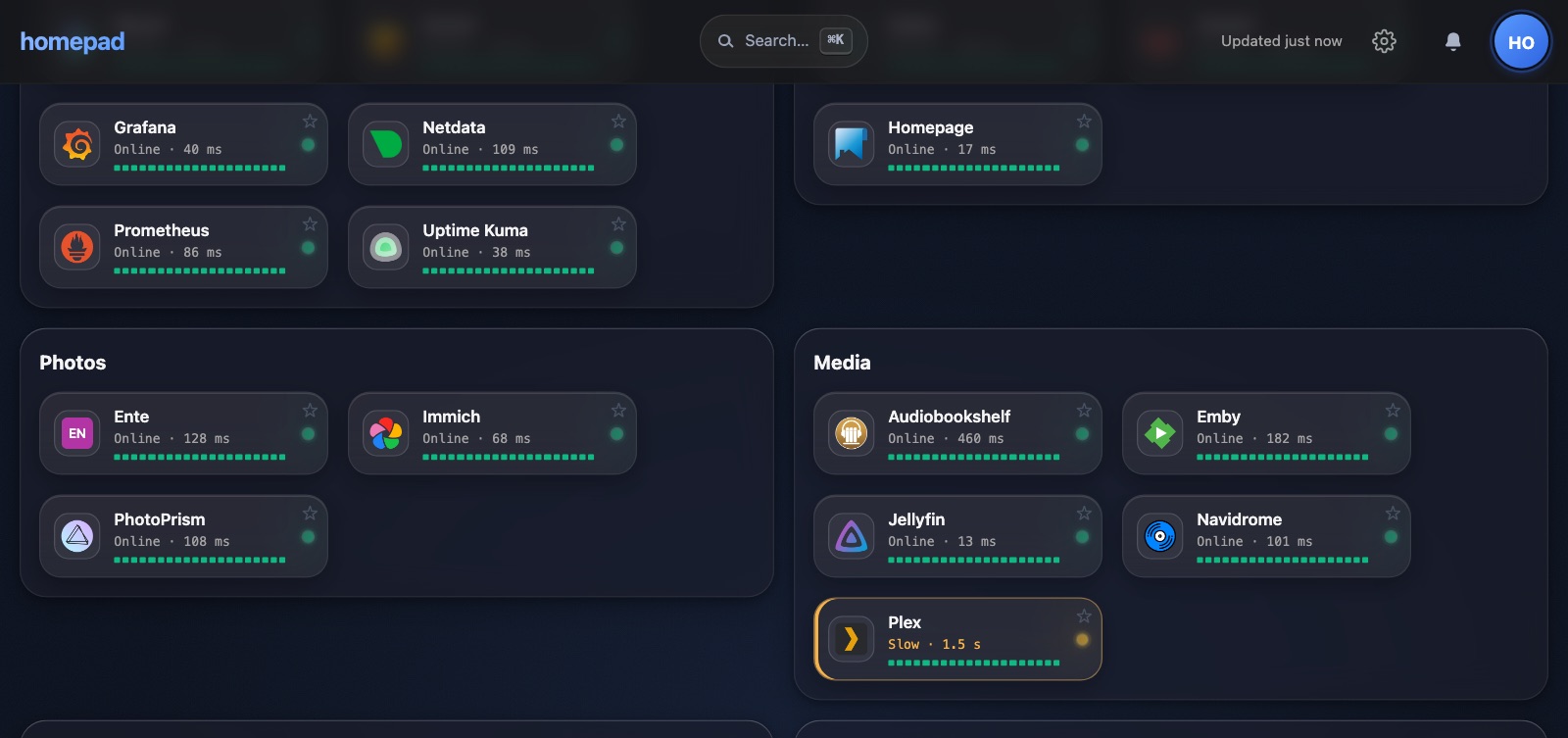 Homepad tiles in dark theme with live health per service: most Online with response times, Plex flagged Slow at 1.5 s.