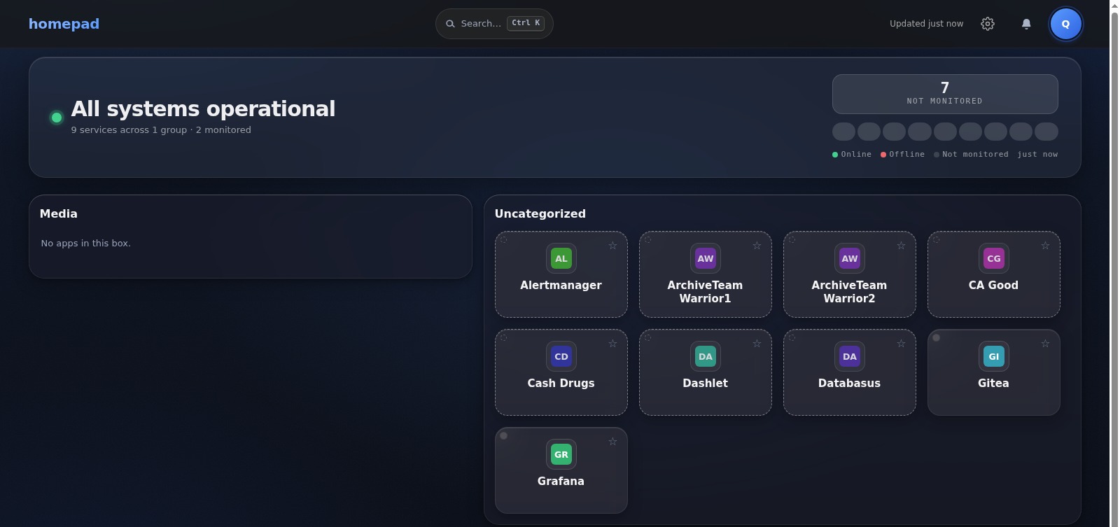 Homepad status / health detail in dark theme — live UP / DEGRADED / DOWN per service.