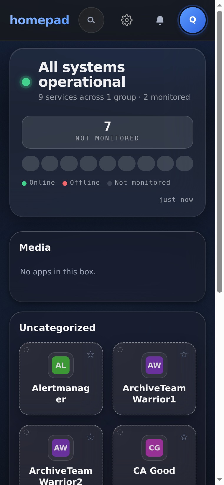 Homepad installed as a PWA on a phone home screen — thumb-friendly 44px targets.